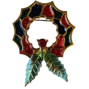 Vintage OB.J Enamel Gold-Tone Wreath Brooch With Red & Green Leaves